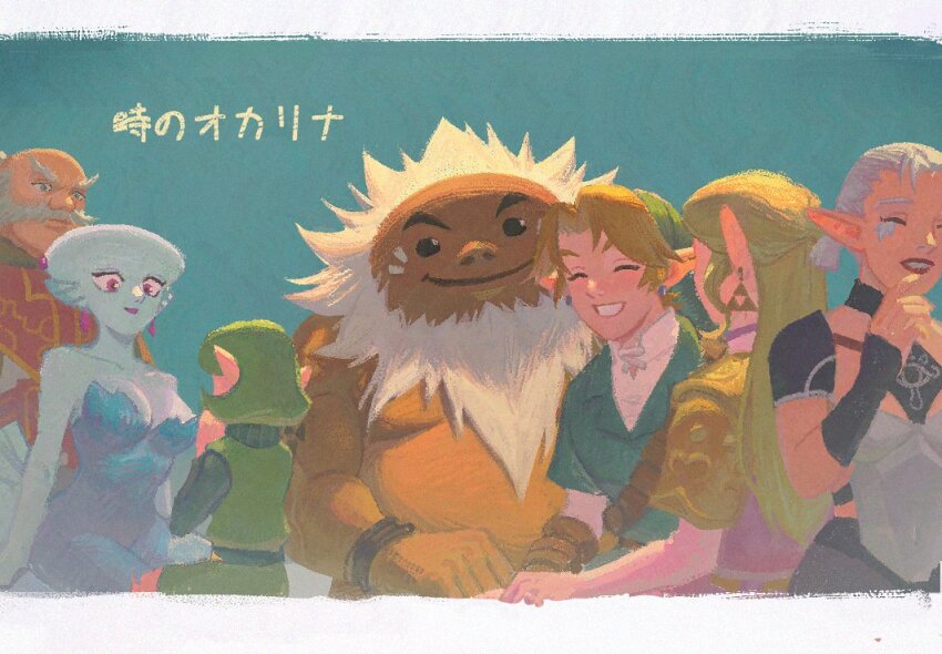 3boys 4girls ajiao_(lylc7zm8ca9ee8x) armor bald beard belt blonde_hair blue_background breasts closed_eyes darunia earrings facial_hair goron green_hair grin halterneck hat impa japanese_text jewelry kokiri large_breasts link long_hair looking_at_another multiple_boys multiple_girls mustache nintendo pauldrons pointy_ears princess_ruto princess_zelda purple_eyes rauru_(ocarina_of_time) red_lips robe saria_(zelda) shoulder_armor sitting smile sweater the_legend_of_zelda the_legend_of_zelda:_ocarina_of_time tunic turtleneck turtleneck_sweater white_hair wristband zora