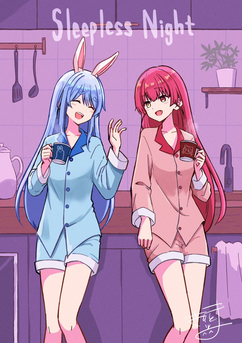 2girls :d ^_^ absurdres alternate_costume animal_ear_fluff animal_ears blue_hair blue_shirt blue_shorts blush breasts brown_eyes closed_eyes collarbone collared_shirt commentary_request cup dress_shirt faucet hair_between_eyes heterochromia highres holding holding_cup hololive houshou_marine indoors kiritoma long_hair mug multiple_girls open_mouth pink_shirt pink_shorts rabbit_ears rabbit_girl red_eyes red_hair shirt short_eyebrows shorts signature small_breasts smile thick_eyebrows tile_wall tiles usada_pekora very_long_hair virtual_youtuber