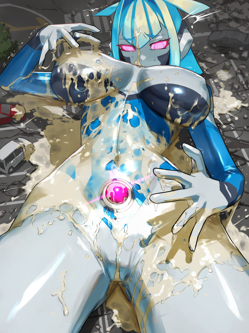1girl after_ejaculation altina_earth bodysuit breasts car colored_skin green_hair highres large_breasts motor_vehicle nikunopengin original pink_eyes road shaking skin_tight sticky street sweatdrop tokusatsu ultra_series white_skin