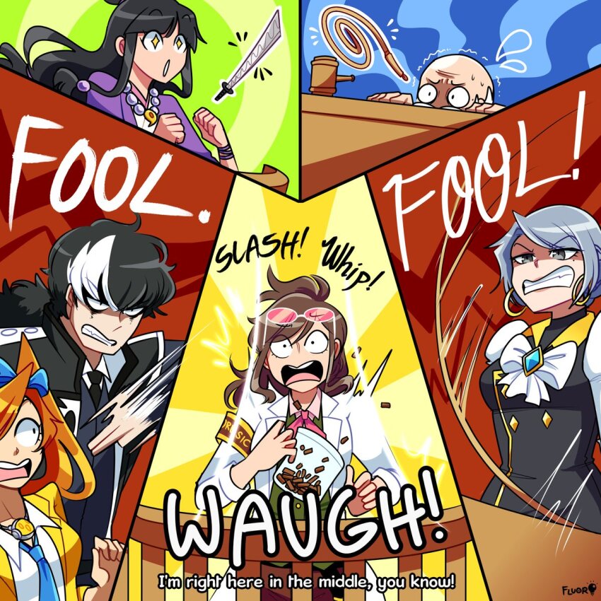2boys 4girls ace_attorney armband athena_cykes bald black_hair blue_bow blue_necktie bow brown_hair coat earrings ema_skye english_text eyewear_on_head fluorart franziska_von_karma gavel hair_bow highres hoop_earrings jewelry lab_coat long_hair magatama magatama_necklace maya_fey multicolored_hair multiple_boys multiple_girls necklace necktie open_clothes open_coat orange_hair short_hair simon_blackquill snack sunglasses the_judge_(ace_attorney) two-tone_armband two-tone_hair whip white_hair