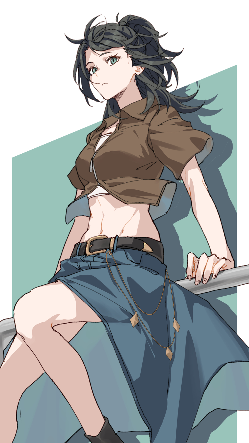 1girl absurdres against_railing alternate_costume alternate_hairstyle arm_support bang_dream! bang_dream!_it&#039;s_mygo!!!!! belt black_hair brown_shirt chinese_commentary collared_shirt commentary_request denim denim_skirt floating_hair green_eyes high_ponytail highres joker_(jjjokerrr233) light_frown linea_alba long_skirt looking_at_viewer medium_hair midriff navel ponytail railing shadow shirt short_sleeves skirt solo strapless tube_top white_tube_top yahata_umiri