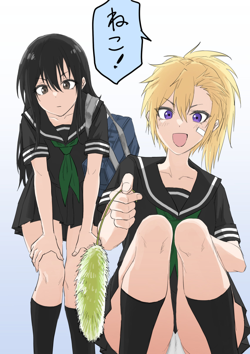 2girls absurdres bag black_hair black_serafuku black_socks blonde_hair collarbone from_below fuku_(fuku12290574) green_eyes green_neckerchief grey_background highres long_hair looking_at_viewer multiple_girls neckerchief open_mouth original panties pantyshot purple_eyes school_uniform serafuku shoulder_bag skindentation socks speech_bubble squatting translation_request underwear very_long_hair white_panties