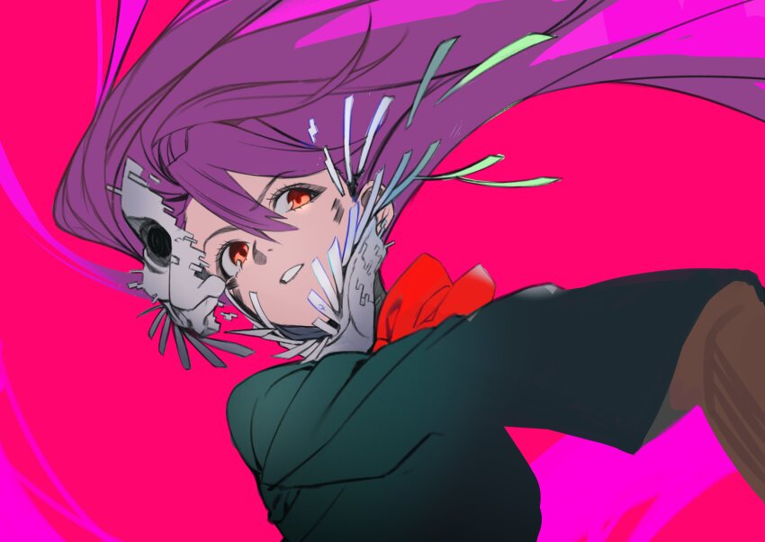 1girl absurdres acrobatic_silky_(dandadan) black_shirt bow bowtie dandadan hair_between_eyes highres hiro_(hirohiro_gorira) long_hair looking_to_the_side mask parted_lips pink_background red_bow red_bowtie red_eyes shiratori_aira_(dandadan) shirt simple_background solo upper_body