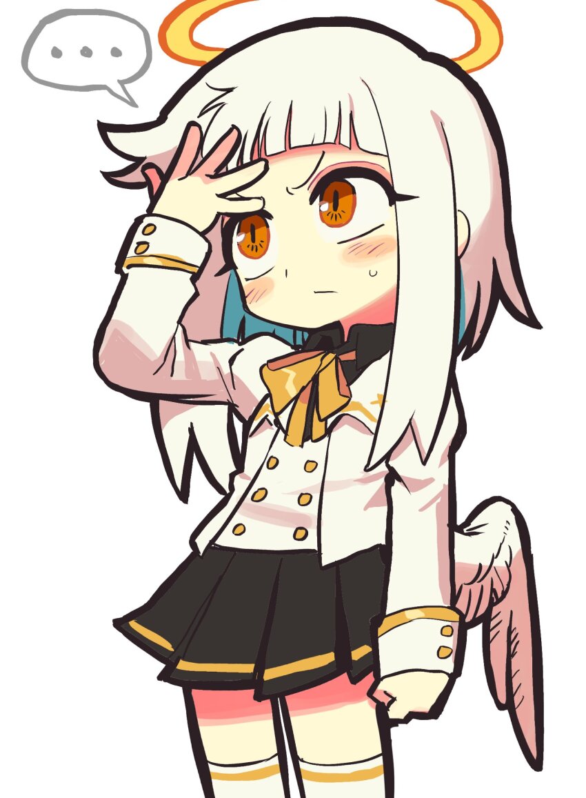 1girl angel angel_wings black_skirt blue_hair colored_inner_hair commentary_request cowboy_shot feathered_wings halo hand_up highres jacket juliet_sleeves kakke666 korean_commentary long_hair long_sleeves looking_to_the_side low_wings multicolored_hair orange_eyes original puffy_sleeves simple_background skirt solo thighhighs white_background white_hair white_jacket white_thighhighs white_wings wings