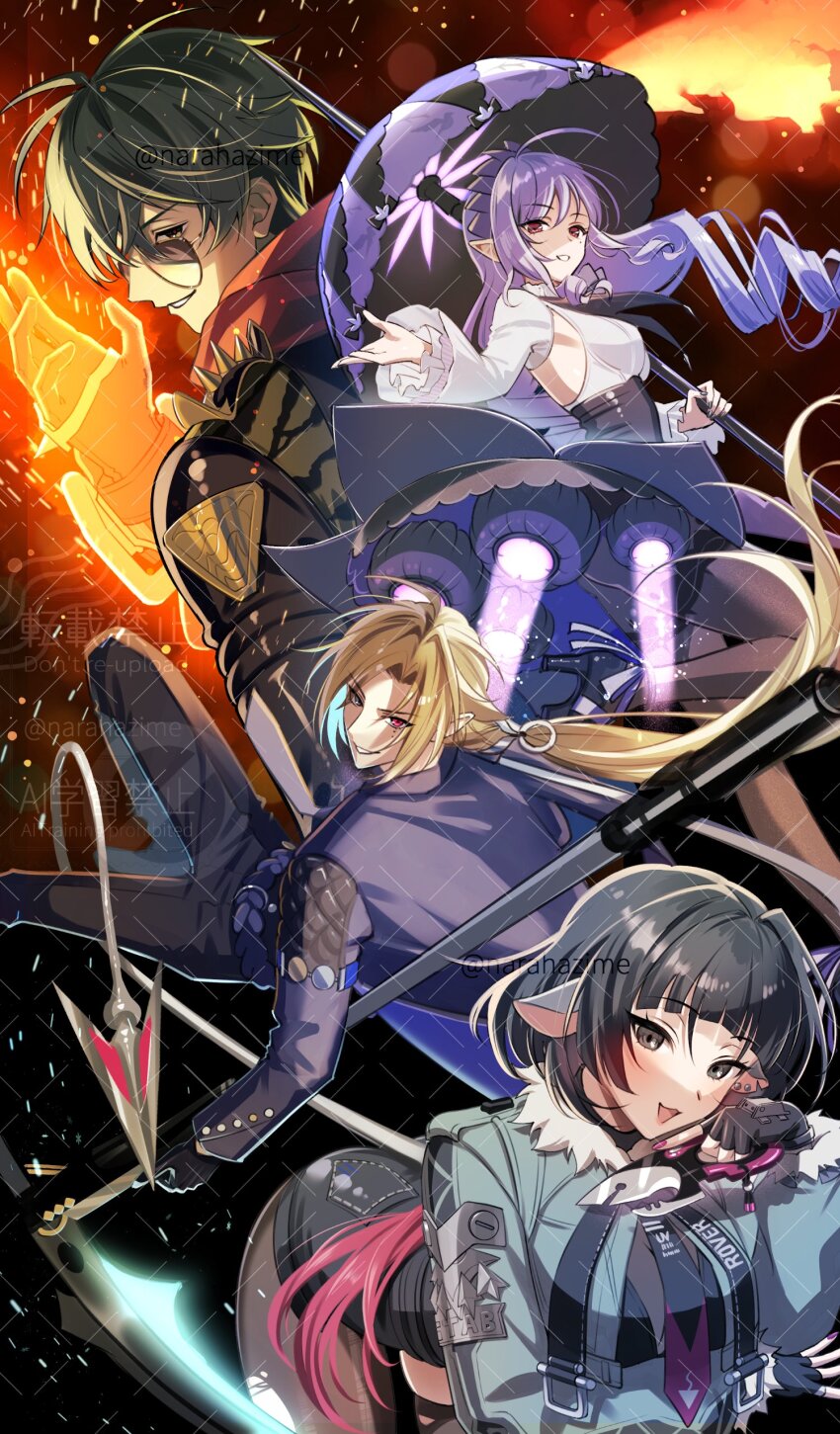 2boys 2girls :d absurdres animal_ear_piercing animal_ears arched_bangs artist_name bent_over black_gloves black_hair black_jacket black_nails black_pants black_shoes black_shorts black_skirt blonde_hair breasts brown_pantyhose clothing_cutout commentary_request cropped_jacket cut_bangs dress drill_hair ear_piercing embers fingerless_gloves fingernails floating_hair frilled_sleeves frills fur-trimmed_jacket fur-trimmed_sleeves fur_trim gloves green_eyes green_hair green_jacket grey_eyes hair_between_eyes hair_intakes hand_up heterochromia high-waist_shorts high_heels highres holding holding_knife holding_scythe holding_umbrella hugo_vlad jacket jacket_partially_removed jane_doe_(zenless_zone_zero) knife leather leather_jacket lens_flare lighter_(zenless_zone_zero) long_hair long_sleeves looking_at_viewer looking_back low_ponytail medium_breasts mole mole_under_eye mouse_ears mouse_girl mouse_tail multicolored_hair multiple_boys multiple_girls nail_polish narahazime necktie open_mouth pants pantyhose parasol parted_bangs parted_lips piercing pointy_ears ponytail purple_hair purple_ribbon purple_umbrella red_eyes red_hair red_nails red_scarf ribbon scarf scythe sharp_tail shoes short_hair short_shorts shorts sideboob_cutout single_leg_pantyhose single_thighhigh skirt smile spiked_jacket spikes streaked_hair sunglasses tail thighhighs torn_clothes torn_pantyhose twitter_username umbrella v-shaped_eyebrows very_long_hair vivian_banshee watermark white_dress white_hair zenless_zone_zero