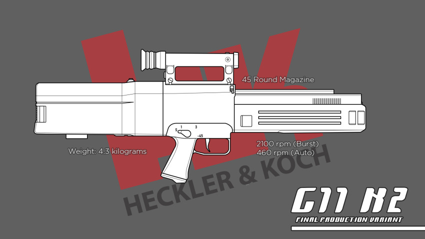 adobe_illustrator_(medium) advanced_combat_rifle_(military_program) advanced_individual_weapon_system_(military_program) advanced_infantry_weapon_system_(military_program) assault_rifle association_for_caseless_rifle_systems bullpup carbine caseless_ammunition_rifle_system_(military_program) caseless_firearm english_text gesellschaft_fur_hulsenlose_gewehrsysteme gun h&amp;k_acr h&amp;k_g11 h&amp;k_g11k2 heckler_&amp;_koch high-capacity_magazine horizontal_magazine magazine_(weapon) no_humans original richard_long rifle weapon weapon_focus weapon_name weapon_profile
