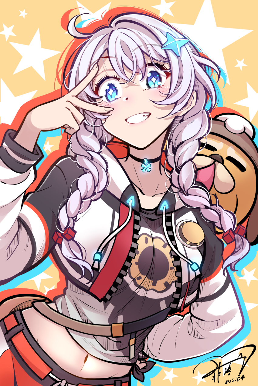 1girl absurdres black_choker black_shirt blue_eyes braid chinese_commentary choker collarbone commentary_request cropped_jacket dated fei_luo_mao fingernails hair_ornament hand_up highres honkai:_nexus_anima hood hood_down hooded_jacket jacket kiana_kaslana looking_at_viewer midriff multicolored_jacket multicolored_shirt nail_polish navel shirt signature smile solo star_(symbol) star_symbol_background twin_braids v white_jacket yellow_background