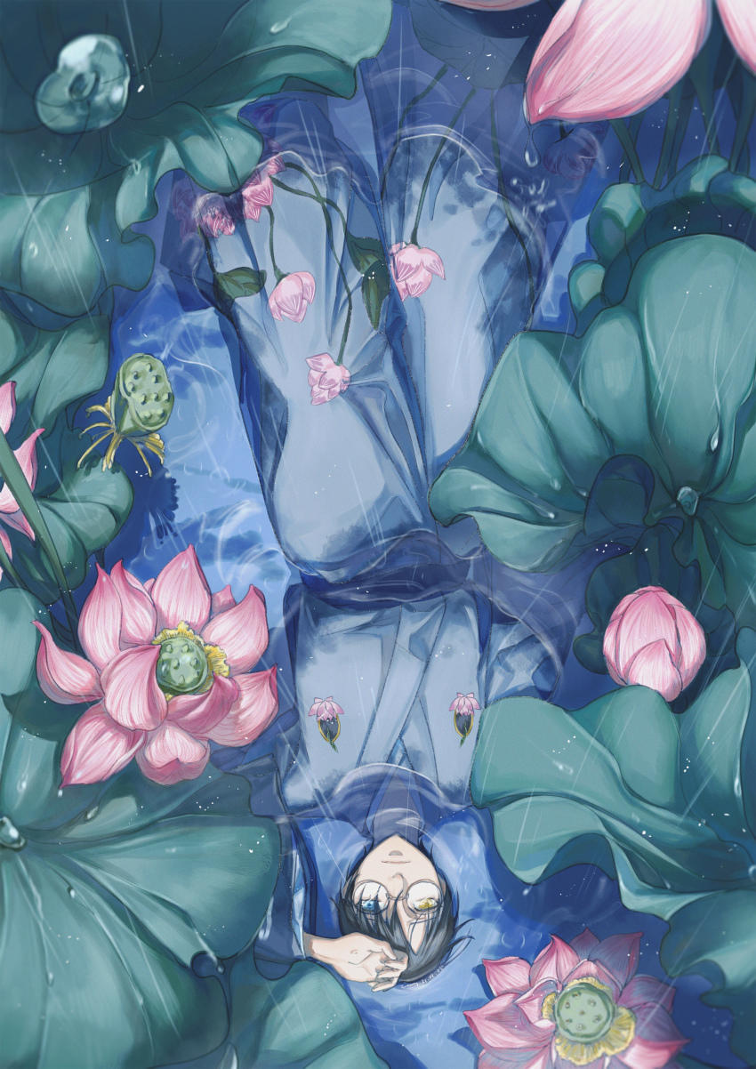 1boy absurdres black_hair blue_eyes blue_hakama cemony day dew_drop feet_out_of_frame floral_print flower frown glasses hakama hand_on_own_forehead heterochromia highres japanese_clothes kimono knee_up leaf long_sleeves looking_at_viewer lotus lotus_pod lying male_focus nature on_back partially_submerged pond rain short_hair solo upside-down watanuki_kimihiro water water_drop wet wet_clothes xxxholic yellow_eyes
