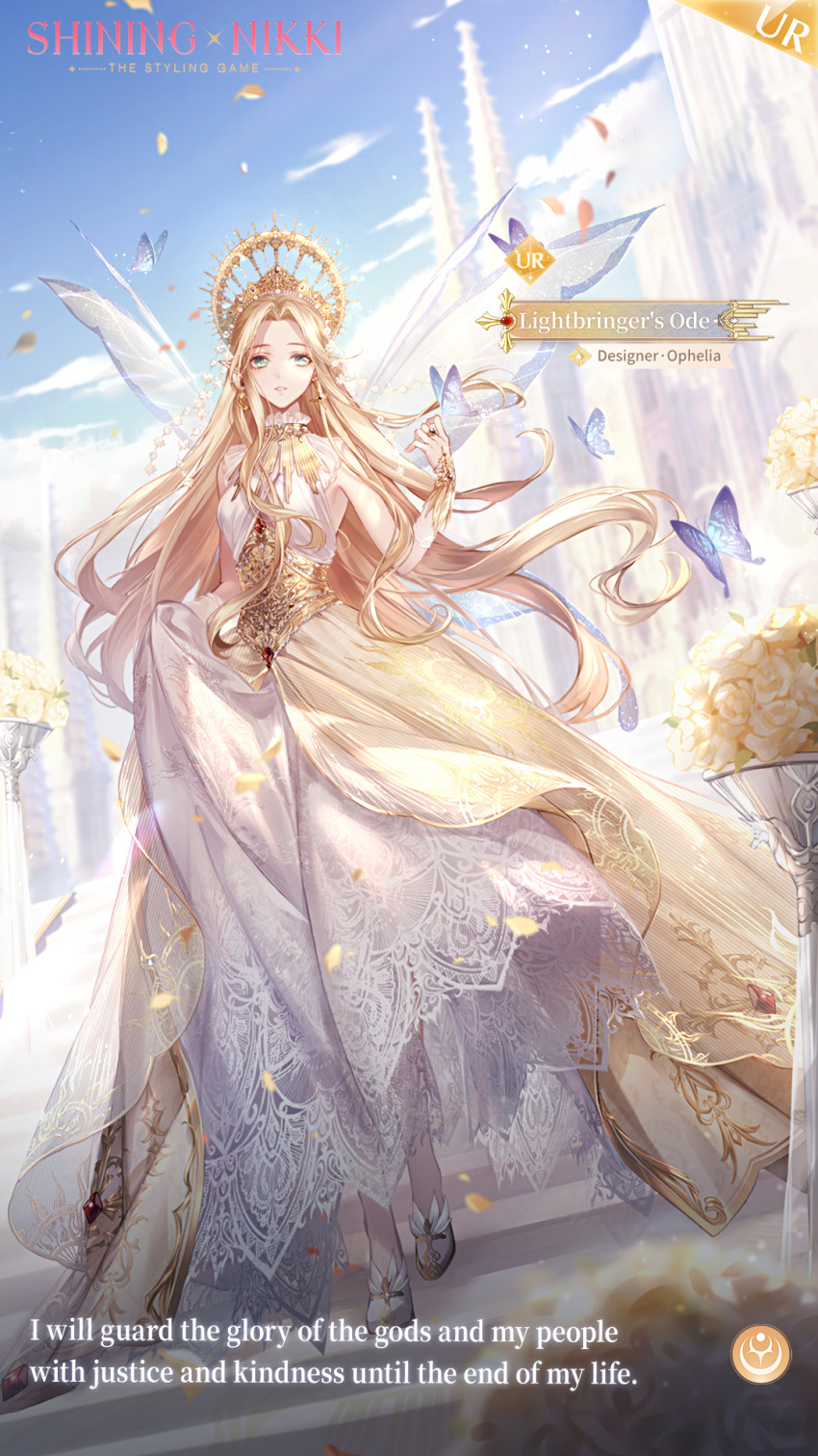 1girl aqua_eyes artist_request blonde_hair blue_butterfly blue_sky blue_wings bug butterfly butterfly_on_hand castle character_name cloud copyright_name crescent crescent_earrings cross cross_earrings crown day dress earrings english_text expressionless eyelashes eyeshadow fairy fairy_wings feather-trimmed_shoes floating_clothes floating_hair flower full_body gold_crown gold_necklace gold_ring gown halo halo_behind_head highres insect jewelry lace lace-trimmed_dress lace_trim layered_dress light_particles lightbringer&#039;s_ode_(shining_nikki) lips logo long_dress long_hair long_sidelocks looking_at_viewer makeup mismatched_eyebrows necklace nikki_(series) official_art ophelia_(shining_nikki) outdoors parted_lips petals pink_eyeshadow pink_lips pointy_ears rose rose_petals shining_nikki shoes sidelocks skirt_hold sky sleeveless sleeveless_dress solo spiked_halo stairs sun_print teeth third-party_source very_long_hair walking wavy_hair white_dress white_shoes wind wings yellow_bridal_gauntlets yellow_corset yellow_dress yellow_flower yellow_halo yellow_rose