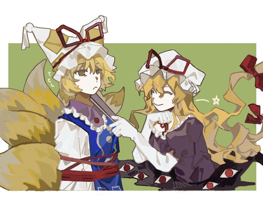 2girls aaayamitsu animal_ears blonde_hair blue_tabard border bound bow chinese_commentary clenched_hand closed_eyes closed_mouth collar commentary_request dress elbow_gloves extra_eyes flying_sweatdrops folding_fan fox_ears fox_tail frilled_collar frilled_dress frilled_headwear frills frown gap_(touhou) gloves green_bag hair_bow hand_fan hand_on_own_chin hat hat_ribbon highres holding holding_fan long_hair long_sleeves mob_cap multiple_girls multiple_hair_bows multiple_tails neck_ribbon object_to_chin outside_border puffy_short_sleeves puffy_sleeves purple_collar purple_dress purple_sleeves red-framed_eyewear red_bow ribbon short_hair short_sleeves smile star_(symbol) tabard tail hat_tassel tied_up_(nonsexual) touhou very_long_hair white_border white_dress white_gloves white_headwear white_sleeves yakumo_ran yakumo_yukari