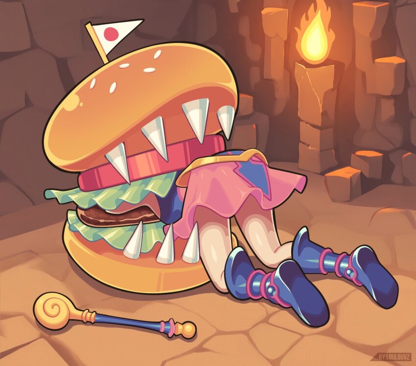 1girl blue_boots boots bread_bun burger dark_magician_girl duel_monster food food-themed_creature frieren_stuck_in_a_mimic_(meme) highres hungry_burger japanese_flag legs lettuce loulou_vz lower_body mage_staff meme mini_flag monster pink_skirt sharp_teeth skirt stone_floor stuck teeth wand yu-gi-oh!