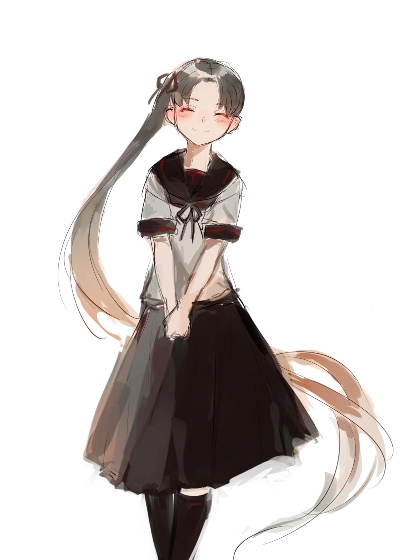 1girl agtt25333 alternate_costume ayanami_(kancolle) black_neckerchief black_skirt black_socks blush brown_eyes closed_eyes closed_mouth cowboy_shot facing_viewer female_focus hair_ribbon highres kantai_collection kneehighs long_hair neckerchief own_hands_together parted_bangs ribbon school_uniform serafuku short_sleeves side_ponytail simple_background skirt smile socks solo very_long_hair white_background