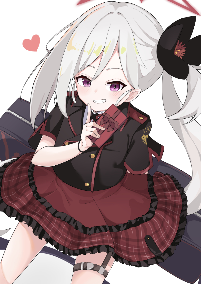 1girl absurdres bag black_bag black_flower black_shirt blue_archive blush collared_shirt commentary cowboy_shot flower frilled_skirt frills gift grey_hair grin hair_between_eyes hair_flower hair_ornament halo hand_up heart highres holding holding_gift index_finger_raised long_hair looking_at_viewer mutsuki_(blue_archive) naughty_face osmium-76 plaid_clothes plaid_skirt pointy_ears purple_eyes red_halo red_skirt school_uniform shirt short_sleeves shoulder_bag side_ponytail simple_background skirt slit_pupils smile solo thigh_strap valentine very_long_hair white_background