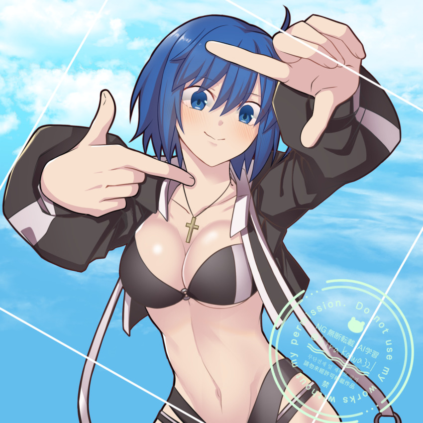 1girl bikini black_bikini black_jacket blue_eyes blue_hair blue_sky breasts c.i.e.l_(fate) c.i.e.l_(first_ascension)_(fate) ciel_(tsukihime) commentary_request cross cross_necklace fate/grand_order fate_(series) hair_between_eyes highres hirakawa jacket jewelry large_breasts navel necklace short_hair sky smile solo stomach swimsuit tsukihime