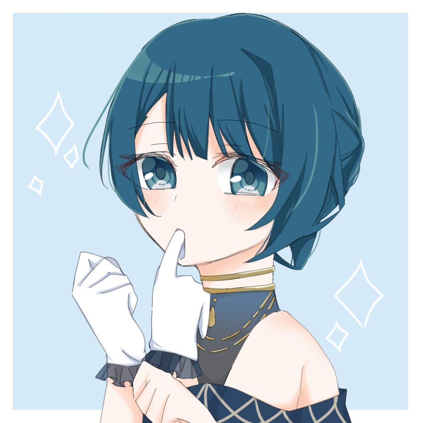 1girl adjusting_eyewear aizawa_kazuha assault_lily bare_shoulders blue_background blue_eyes blue_shirt blush border closed_mouth commentary frilled_gloves frills glove_in_mouth gloves gradient_clothes gradient_shirt grey_shirt hands_up highres looking_at_viewer mouth_hold necktie official_alternate_costume official_alternate_hairstyle outside_border portrait sana_(hs_yp1) shawl shirt short_hair simple_background single_glove sleeveless sleeveless_shirt solo unworn_gloves white_border white_gloves