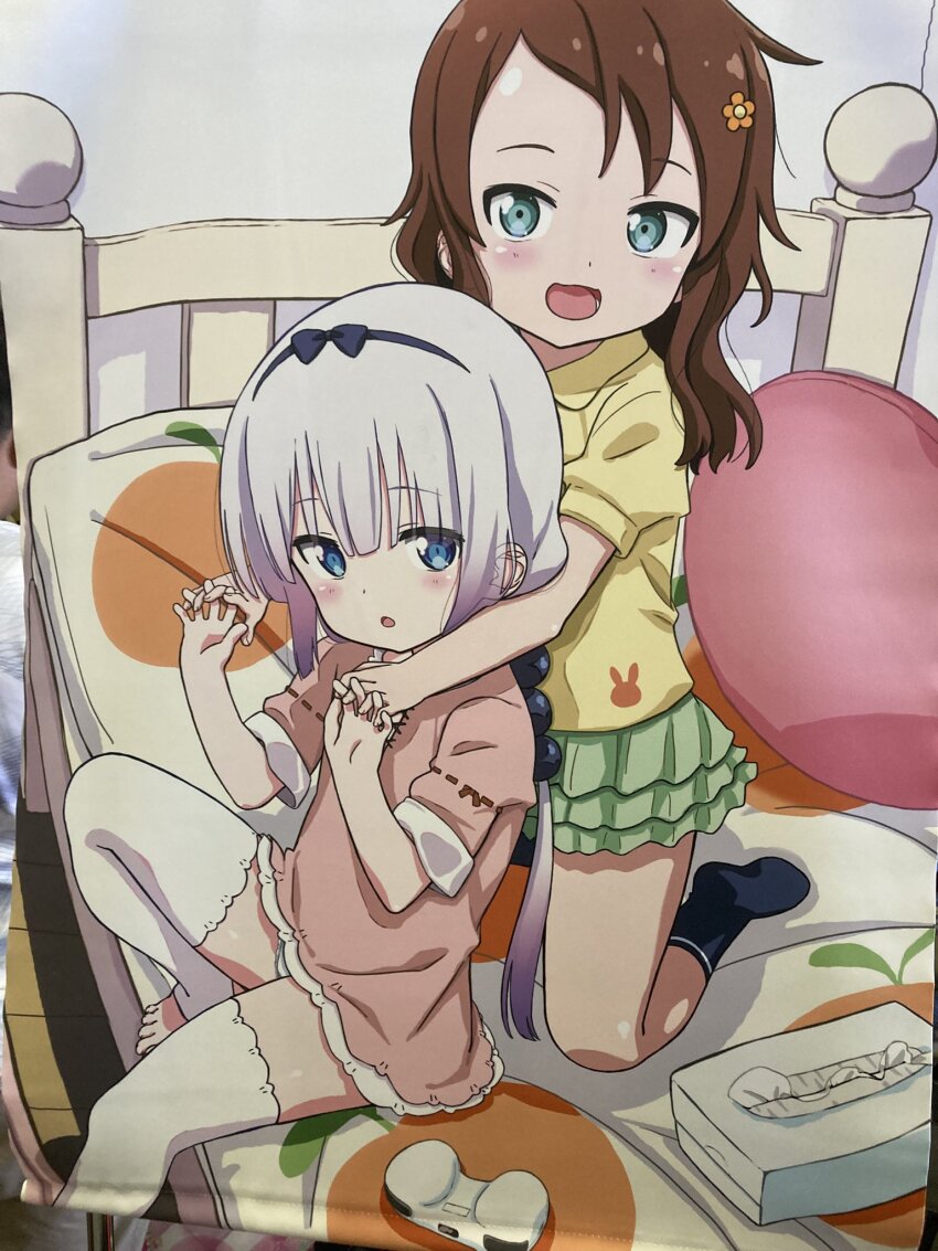 2girls beads bed bedroom black_socks blue_eyes blush brown_hair controller dress feet game_controller green_eyes green_skirt hair_beads hair_ornament highres holding_hands indoors kanna_kamui knee_up kneeling kobayashi-san_chi_no_maidragon kuuchuu_yousai long_hair low_twintails miniskirt multiple_girls open_mouth pink_dress pink_hair saikawa_riko shirt short_dress short_sleeves sitting skirt smile socks thighhighs thighs tissue tissue_box toeless_legwear toes twintails white_thighhighs yellow_shirt