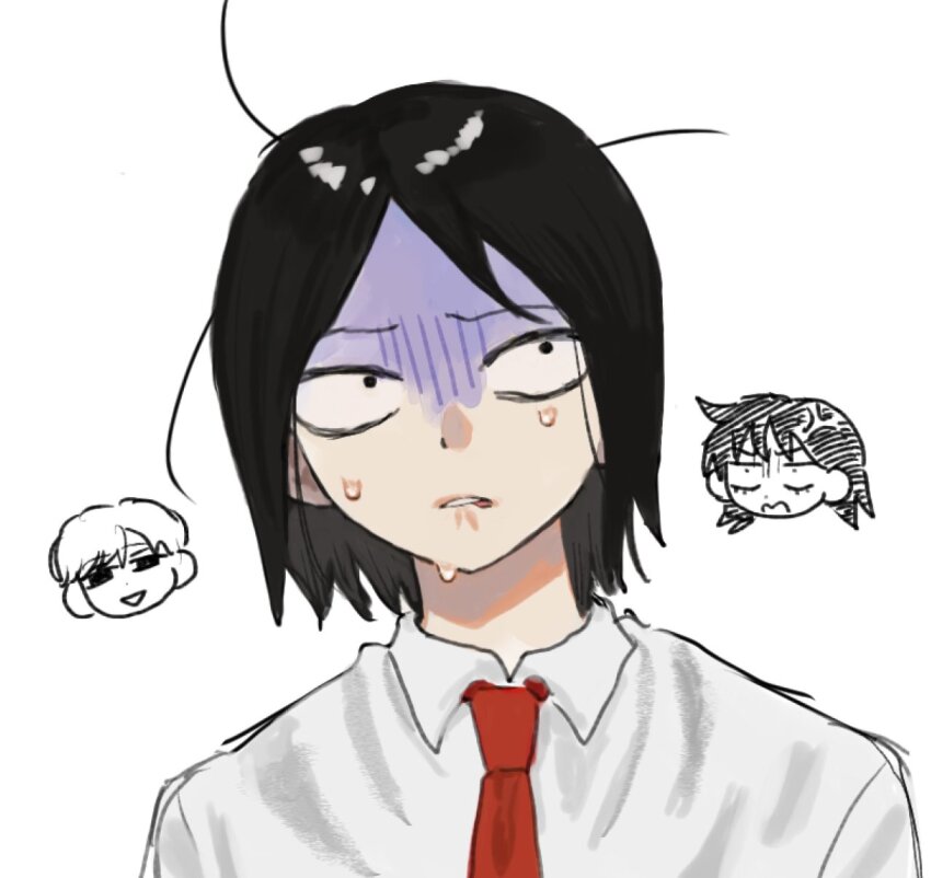 1girl 2boys ay1093mm black_eyes black_hair chibi chibi_inset collared_shirt commentary_request dress_shirt futsuu_no_keion-bu hatono_chihiro head_only highres multiple_boys necktie parted_bangs red_necktie sanpaku school_uniform shaded_face shirt short_hair simple_background solo_focus sweat taguchi_ryuuya takami_kouki turn_pale white_background white_shirt