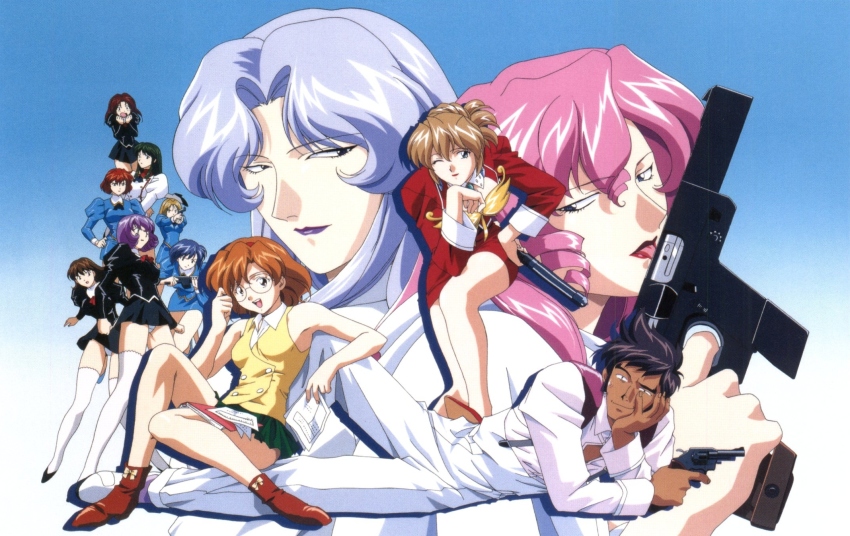 2girls agent_aika aida_rion aika_(series) ass black_delmo black_delmo_a black_delmo_leader blue_delmo_leader blue_delmo_v bra delmo delmo_commander gun gust_turbulence gusto_turbulence highres maypia_alexymetalia multiple_girls naomi_(agent_aika) neena_hagen panties retro_artstyle round_eyewear rudolf_hagen shivie_aika sumeragi_aika thighhighs underwear weapon white_delmo white_panties yamauchi_noriyasu
