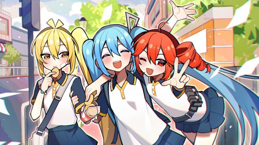 3girls ahoge akita_neru alternate_costume antenna_hair arm_around_neck armband backpack bag bandaid bandaid_on_face blonde_hair blue_hair blue_skirt blush buttons closed_eyes cloud cloudy_sky collared_shirt commentary_request crosswalk cup day disposable_cup drill_hair eating fang flying_paper food hair_between_eyes hatsune_miku holding holding_food kakosa_sama kasane_teto lamppost leaf leaning_forward leaning_to_the_side long_hair looking_at_viewer miniskirt multiple_girls one_eye_closed open_mouth outdoors outstretched_arm paper pleated_skirt polo_shirt railing red_eyes red_hair road school_uniform shirt short_sleeves shoulder_bag side_ponytail skirt sky smile traffic_light tree triple_baka_(vocaloid) twin_drills twintails upper_body utau v very_long_hair vocaloid wing_collar yellow_eyes