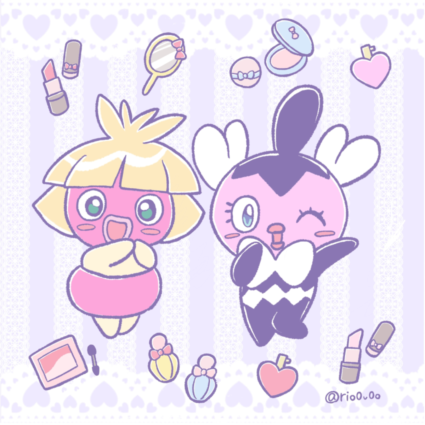 2girls blonde_hair blush_stickers bottle cosmetics eyelashes full_body game_freak gen_2_pokemon gen_5_pokemon gothita green_eyes hand_mirror highres lipstick_tube mirror multiple_girls nail_polish_bottle nintendo one_eye_closed open_mouth perfume_bottle pokemon pokemon_(creature) powder_puff rio_(rio0v0o) smoochum