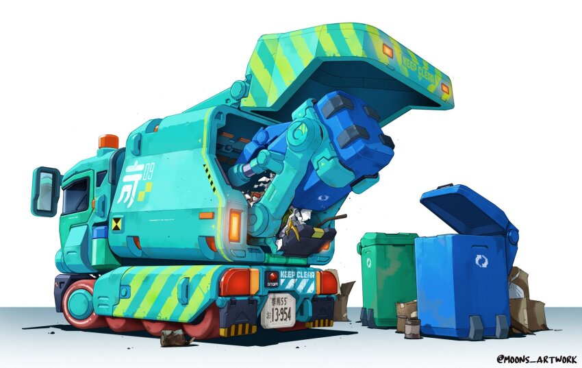 box can cardboard_box commentary english_commentary english_text garbage_truck highres license_plate motor_vehicle no_humans original science_fiction shadow shaun_mooney side-view_mirror simple_background trash trash_can truck twitter_username vehicle_focus white_background
