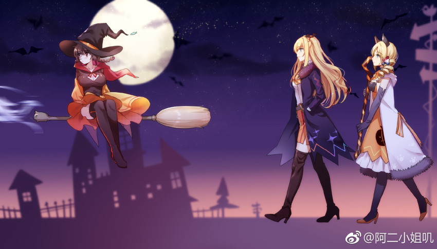3girls aer_(tengqiu) alternate_costume animal_ears black_footwear black_hair blonde_hair boots braid breasts broom broom_riding cat_ears dress drill_hair dunkerque_(warship_girls_r) full_moon gloves halloween halloween_costume hat high_heel_boots high_heels highres long_hair moon multiple_girls night night_sky one_side_up outdoors red_scarf richelieu_(warship_girls_r) scarf short_hair side_drill single_braid skirt sky smile surcouf_(warship_girls_r) thigh_boots thighhighs warship_girls_r watermark weibo_watermark white_dress witch witch_hat