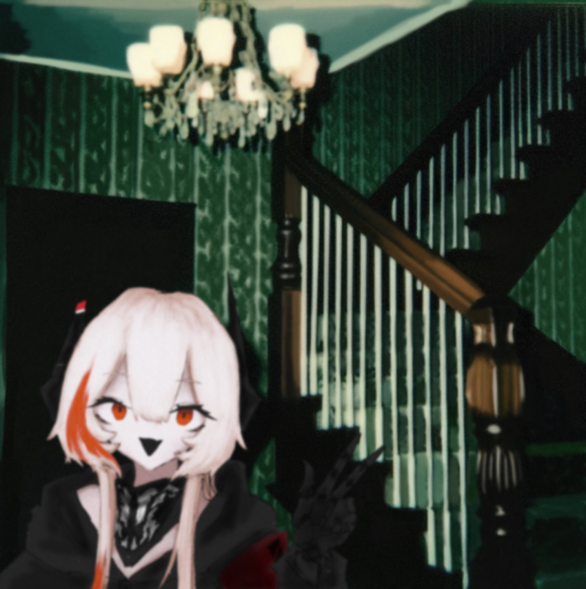 1girl black_gloves black_jacket blonde_hair blurry ceiling_light doorway double-parted_bangs girls&#039;_frontline gloves hair_between_eyes hand_up headgear highres hood hood_down indoors jacket liminal_space long_hair long_sleeves m4_sopmod_ii_(girls&#039;_frontline) multicolored_hair natri999 open_mouth red_eyes sidelocks solo stairs streaked_hair swimsuit triangle_mouth v