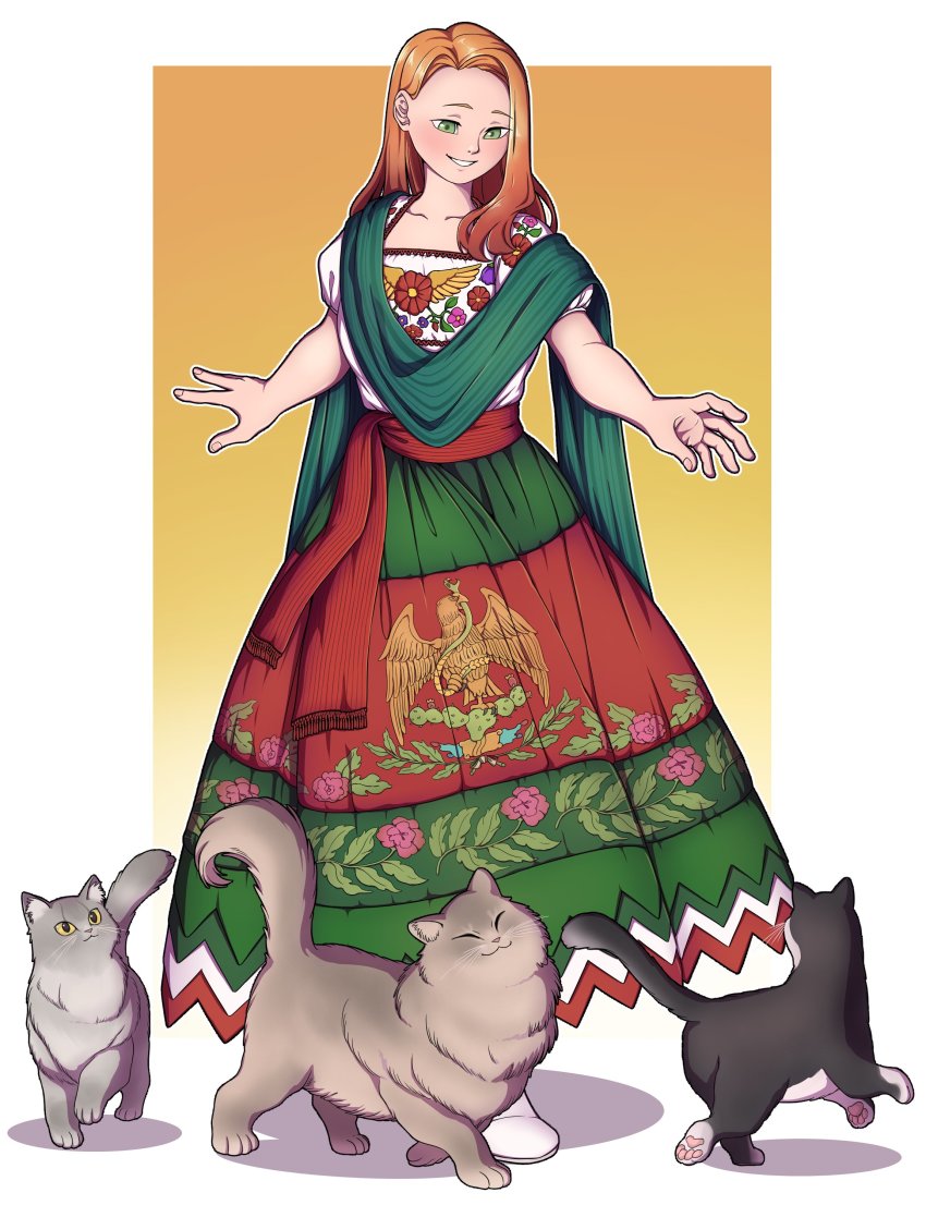 1girl absurdres alternate_costume animal_print bird cat commentary dress eagle english_commentary floral_print flower full_body green_eyes highres hong_meiling long_hair looking_down mefomefo mexican_dress mexico real_life simple_background skirt smile snake touhou white_background