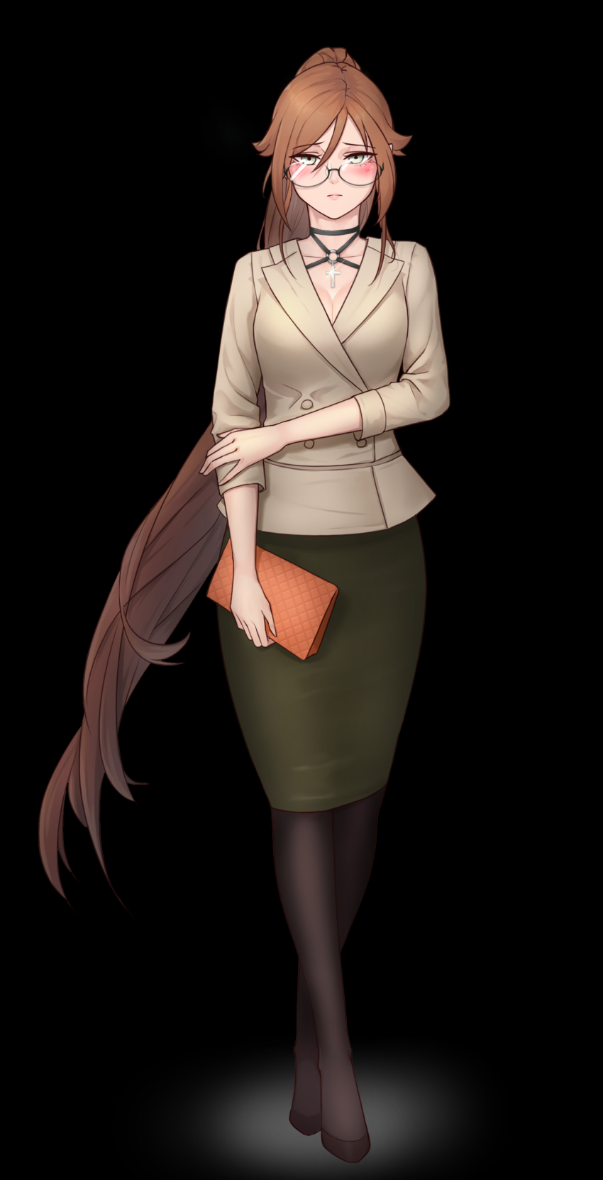 1girl absurdres bag black_background black_pantyhose black_skirt blush breasts brown_hair cleavage cross cross_necklace female_focus full_body glasses green_eyes green_skirt handbag high_heels highres jewelry khan_(last_origin) khan_the_swift kiji_711 last_origin long_hair looking_at_viewer necklace office_lady pantyhose pencil_skirt ponytail simple_background skirt solo very_long_hair