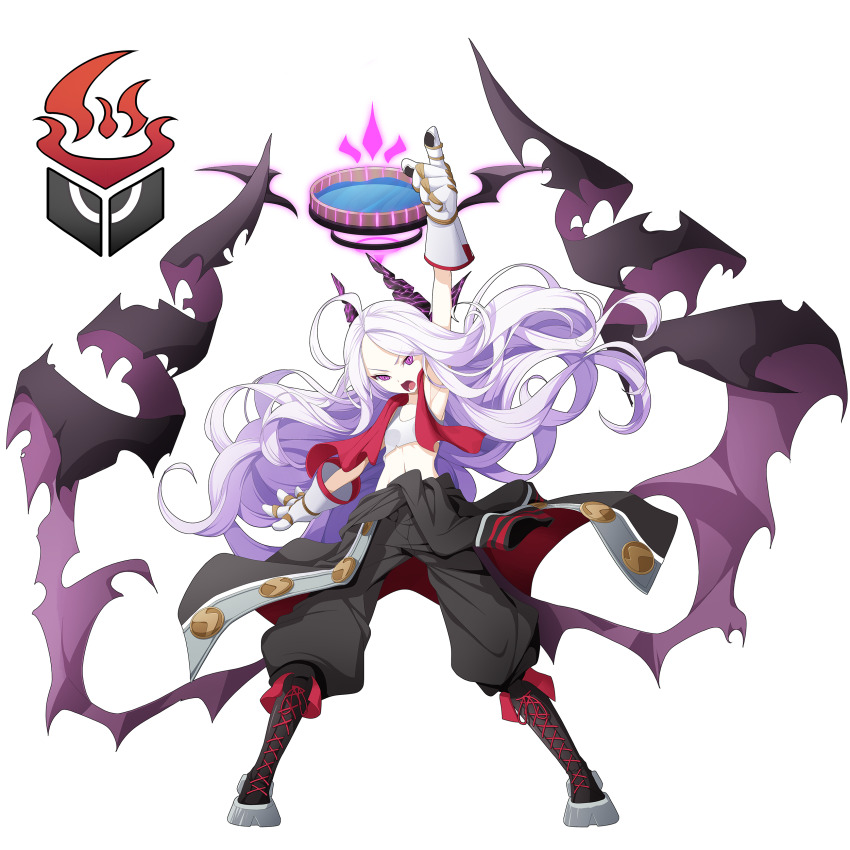1girl absurdres alternate_costume baggy_pants blue_archive boots breasts coat_around_waist cosplay crop_top demon_girl demon_horns demon_wings fluffy_hair gauntlets halo helix highres hina_(blue_archive) horns hot_springs_department_member_(blue_archive) hot_springs_department_member_(blue_archive)_(cosplay) kamina_pose koflif long_hair open_mouth pants pointing pointing_up purple_eyes purple_halo scarf simple_background small_breasts solo very_long_hair white_background white_hair wings