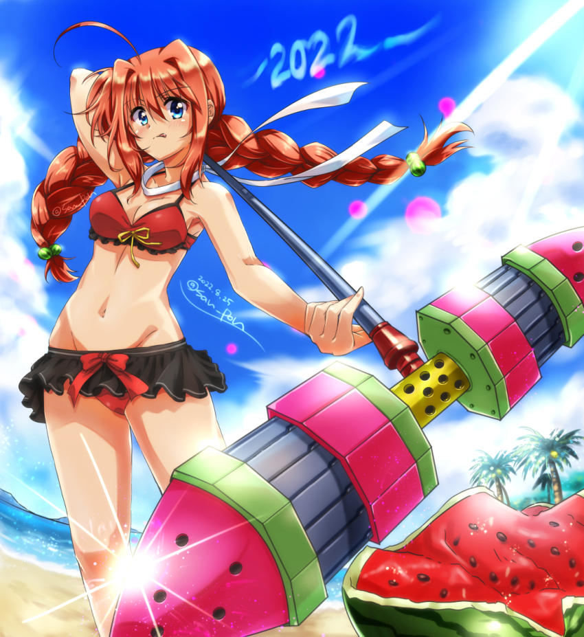 1girl 2022 artist_name beach bikini bikini_skirt black_skirt blue_eyes blush braid breasts cleavage dated food frilled_bikini frills fruit graf_eisen hair_bobbles hair_ornament highres large_breasts long_hair looking_at_viewer lyrical_nanoha mahou_shoujo_lyrical_nanoha mahou_shoujo_lyrical_nanoha_a&#039;s mahou_shoujo_lyrical_nanoha_strikers navel outdoors red_bikini red_hair ribbon san-pon skirt sky solo swimsuit tongue tongue_out twin_braids twintails vita_(nanoha) watermelon