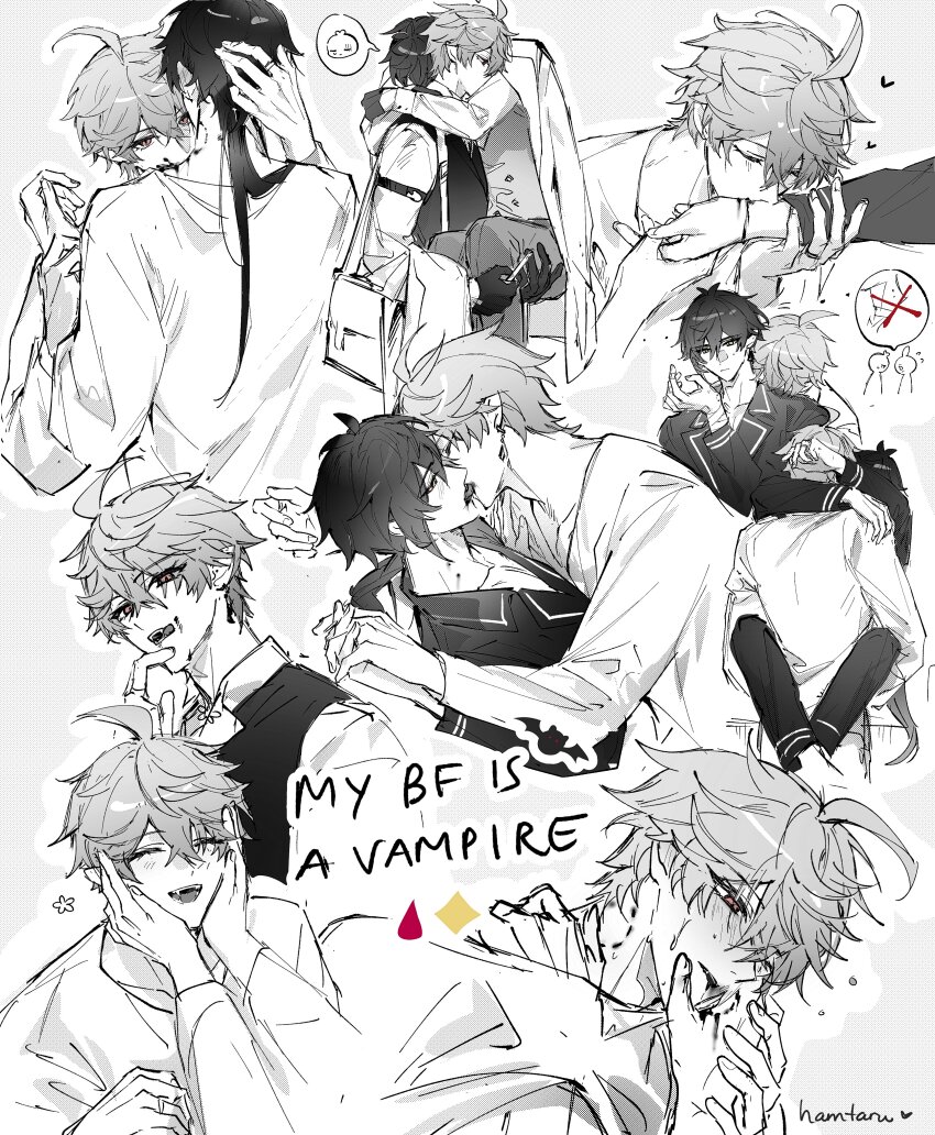 2boys alternate_universe arms_around_neck bandaged_arm bandages biting carrying cradling english_text genshin_impact greyscale hamtaru542899 holding_another&#039;s_face kiss leaning_on_person leg_lock monochrome mors_gn multiple_boys neck_biting princess_carry sleeping tartaglia_(genshin_impact) twitter vampire white_background yaoi zhongli_(genshin_impact)