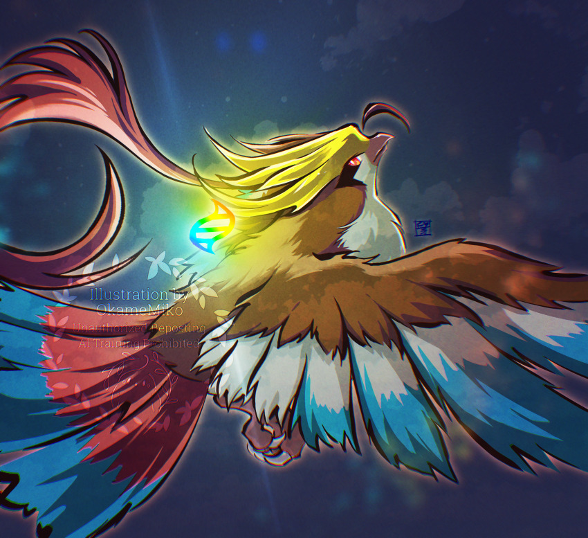 absurdres animal_focus bird bright_pupils closed_mouth cloud commentary_request gen_1_pokemon highres mega_evolution_symbol mega_pidgeot mega_pokemon nintendo no_humans okame_miko pidgeot pokemon pokemon_(creature) pokemon_focus red_eyes solo watermark white_pupils