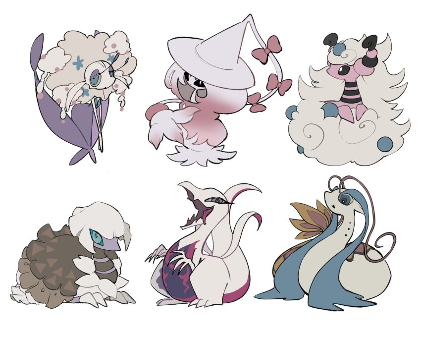 alternate_color ampharos black_sclera blue_eyes bow chibi closed_mouth colored_sclera dot_mouth espathra fairy feathers florges flower full_body gen_2_pokemon gen_3_pokemon gen_6_pokemon gen_7_pokemon gen_8_pokemon grey_eyes hair_bow hat hatterene highres looking_at_viewer mega_ampharos mega_pokemon milotic nintendo no_humans open_mouth pokemon pokemon_(creature) salazzle serpent shiny_pokemon smile standing torori_toro_(oimo_kenpi) white_background witch_hat