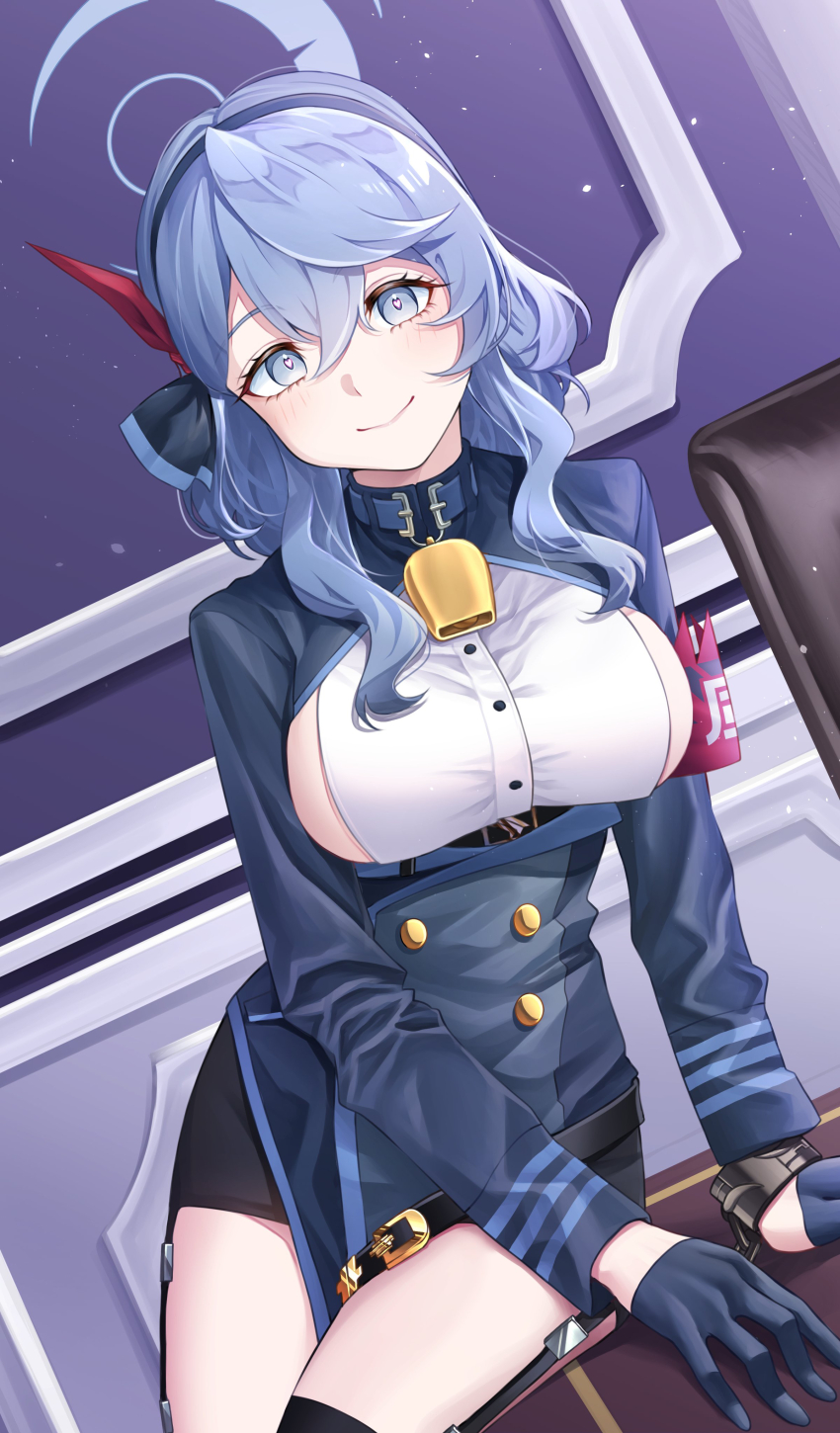 1girl aboreen absurdres ako_(blue_archive) blue_archive blue_eyes blue_hair breasts gloves head_tilt highres looking_at_viewer medium_breasts medium_hair sitting smile solo underboob