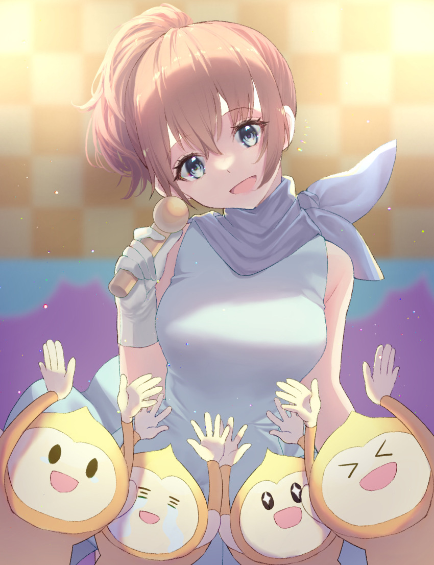 &gt;_&lt; 1girl :d audience blue_dress blue_eyes blue_scarf blurry blurry_background brown_hair commentary crying dress gloves hands_up head_tilt highres holding holding_microphone idol_(rhythm_tengoku) imomushi_(pixiv_13874680) light_particles looking_at_viewer microphone monkey_(rhythm_tengoku) open_mouth ponytail rhythm_tengoku scarf short_ponytail sleeveless smile sparkling_eyes stage xd