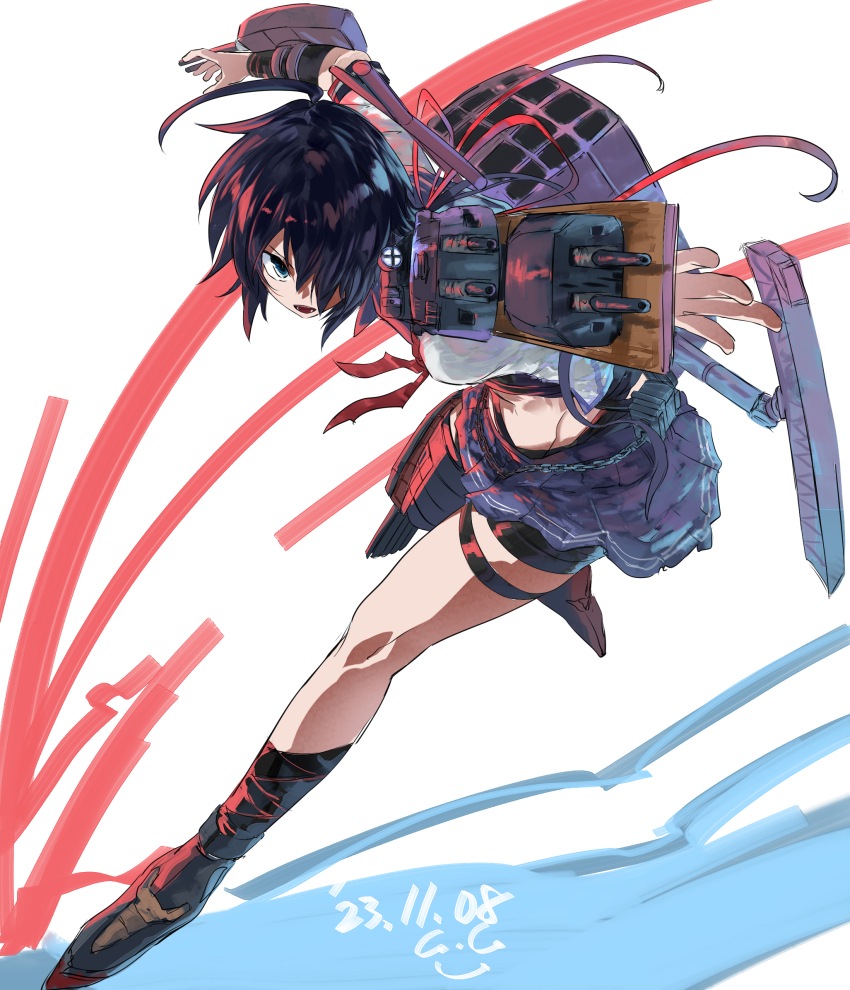 1girl adapted_turret ahoge aircraft_catapult black_hair blue_eyes blue_sailor_collar blue_skirt cannon dated gegesan glowing glowing_eye hair_ornament hair_over_one_eye hairclip highres kako_(kancolle) kako_kai_ni_(kancolle) kantai_collection kerchief long_hair machinery messy_hair navel neckerchief open_mouth pleated_skirt ponytail red_neckerchief ribbon rigging sailor_collar school_uniform serafuku signature skirt smokestack solo torpedo_launcher torpedo_tubes white_background