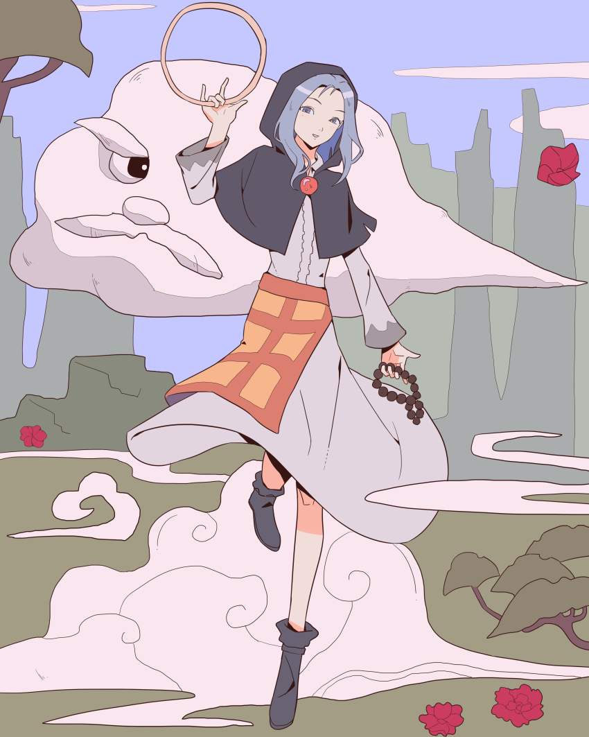 1boy 1girl absurdres beads black_hood black_shoes blue_eyes blue_hair blue_sky cloud dress flower full_body highres holding holding_jewelry holding_ring jewelry kesa kumoi_ichirin long_sleeves pendant prayer_beads ring shoes sky smoke thursyue touhou tree unzan white_dress