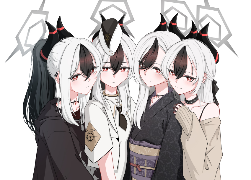 4girls absurdres alternate_costume bare_shoulders black_choker black_collar black_dress black_hair black_hoodie black_horns black_kimono blue_archive brown_cardigan cardigan choker clone collar collarbone collared_shirt demon_horns diamond_necklace dress ear_piercing earclip garrison_cap grey_halo hair_between_eyes halo hat highres hit_by_hit hood hoodie horns japanese_clothes kayoko_(blue_archive) kayoko_(dress)_(blue_archive) kayoko_(new_year)_(blue_archive) kimono light_smile long_hair long_sleeves looking_at_viewer mole mole_on_collarbone multicolored_hair multiple_girls nail_polish necktie official_alternate_costume open_cardigan open_clothes parted_lips piercing ponytail print_hoodie print_kimono red_eyes red_horns red_nails sash shirt simple_background sleeves_past_fingers sleeves_past_wrists striped_horns studded_choker two-tone_hair utnapishtim_operator_uniform_(blue_archive) white_background white_hair wide_sleeves