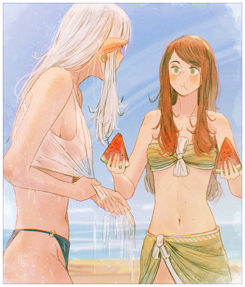 2girls alt_text artist_name asimov_(spindle_(aidenr0)) bandeau beach bikini bikini_bottom_only blue_sky blush breasts chewing commentary cowboy_shot day elf english_commentary food fruit green_bandeau green_bikini green_eyes green_sarong hair_over_shoulder highres holding holding_food holding_fruit holding_watermelon long_hair looking_at_another mole mole_on_breast multiple_girls o-ring o-ring_bottom ocean original ottilie_(spindle_(aidenr0)) outdoors pointy_ears red_hair sand sarong shirt sky spindle_(aidenr0) strapless strapless_bikini swimsuit watermelon watermelon_slice wet wet_clothes white_hair white_shirt wringing_clothes