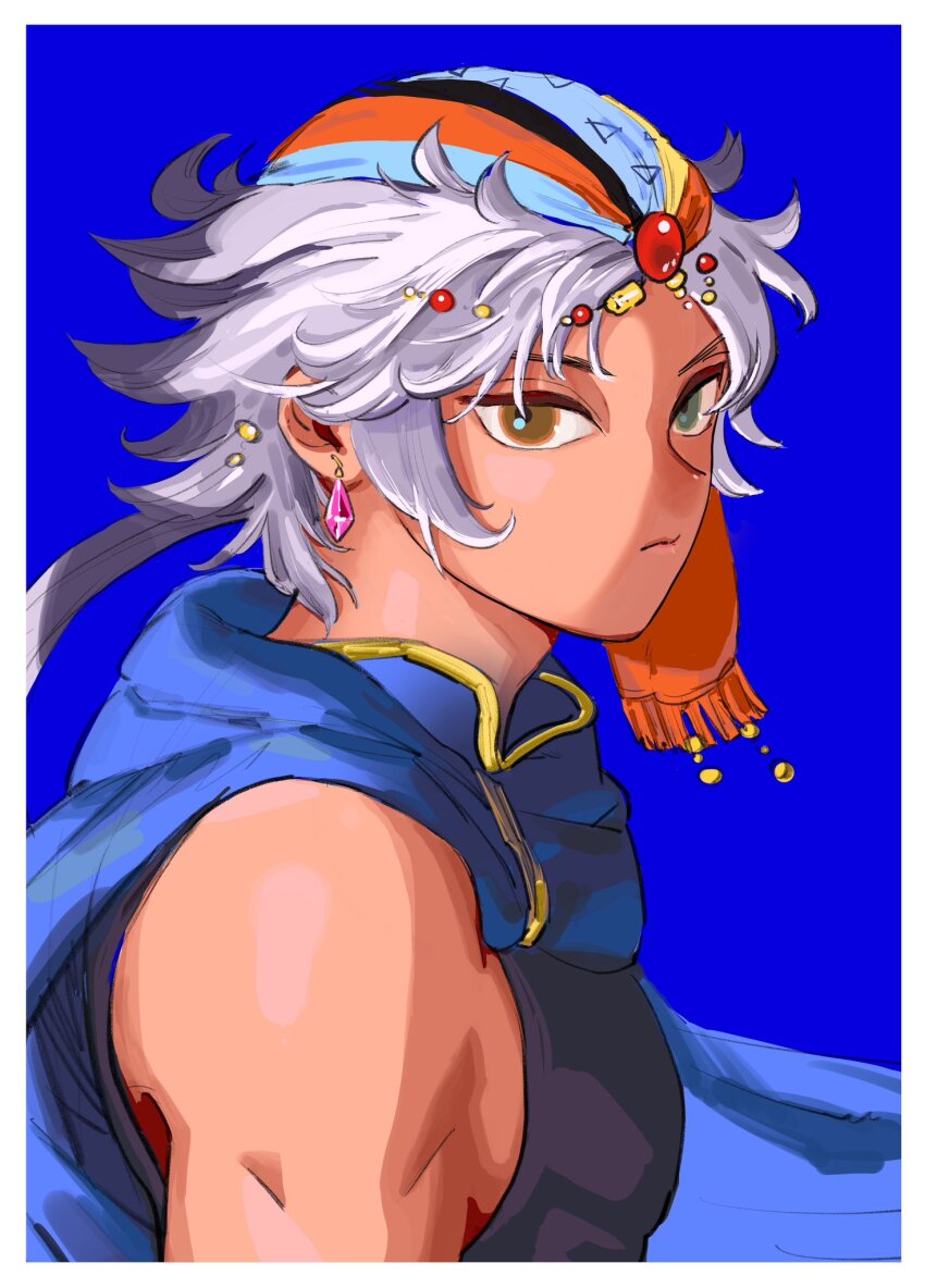 1boy armor bandana blue_background blue_cape brown_eyes cape commentary_request earrings final_fantasy final_fantasy_ii firion forehead_jewel gem gem_hair_ornament green_eyes heterochromia highres jewelry long_hair looking_at_viewer male_focus ponytail print_bandana red_gemstone shirt sleeveless tokumei_wombat white_hair