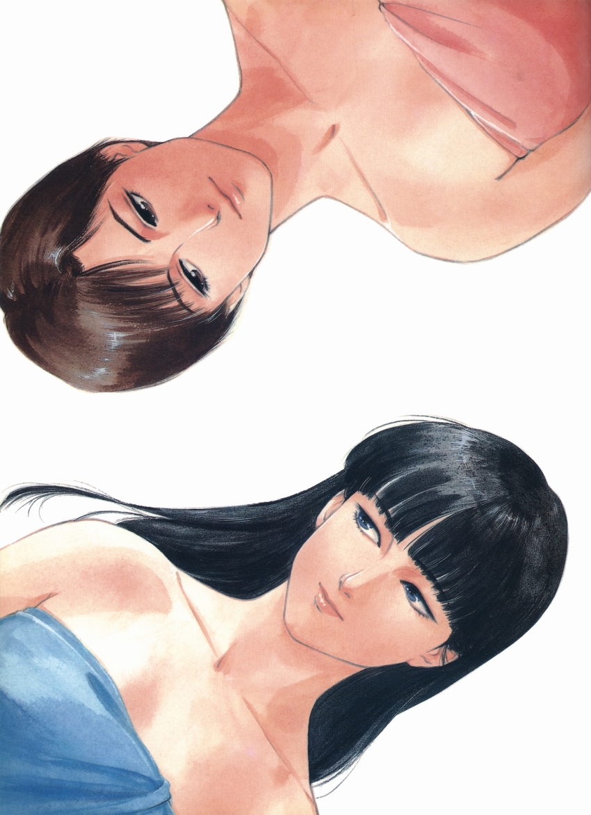 1990s_(style) 2girls arm_at_side asymmetrical_bangs bare_shoulders black_hair blue_eyes blunt_bangs brown_eyes brown_hair closed_mouth collarbone eye_contact eyebrows_hidden_by_hair half-closed_eyes highres kanuka_clancy kidou_keisatsu_patlabor kumagami_takeo lips long_hair looking_at_another looking_to_the_side masami_yuki multiple_girls naked_towel neck official_art retro_artstyle short_hair simple_background smile straight_hair towel towel_over_breasts upper_body upside-down white_background