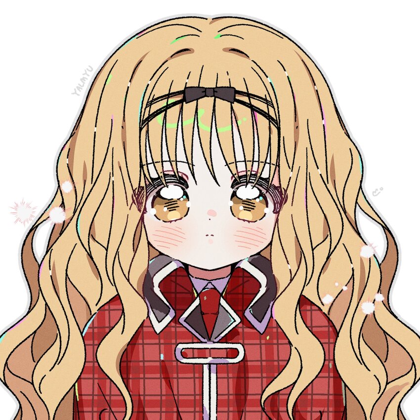 1girl artist_name blonde_hair blush capelet closed_mouth commentary highres long_hair looking_at_viewer mashiro_rima red_capelet school_uniform shugo_chara! simple_background solo symbol-only_commentary upper_body wavy_hair white_background yalmyu yellow_eyes