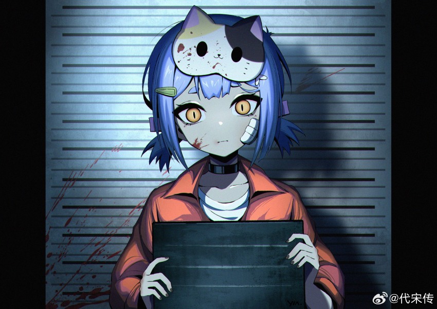 1girl absurdres azusa_(vtuber) virtuareal_link bandage_on_face bandages blood blood_on_face blood_on_mask blue_hair cat_mask chuansongdai collar hair_ornament hairclip highres jumpsuit looking_at_viewer mask mask_on_head mugshot nijisanji orange_jumpsuit orange_shirt pillarboxed prison_clothes shirt solo virtual_youtuber virtuareal watermark weibo_username weibo_watermark yellow_eyes
