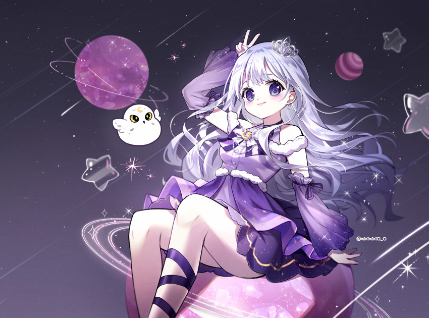 1girl arm_up bare_shoulders breasts closed_mouth commission crescent danby_merong dress earrings feet_out_of_frame grey_hair highres jewelry long_hair long_sleeves looking_at_viewer medium_breasts original planet purple_dress purple_eyes purple_sleeves sleeveless sleeveless_dress sleeves_past_wrists smile solo tiara tilted_headwear twitter_username very_long_hair wide_sleeves