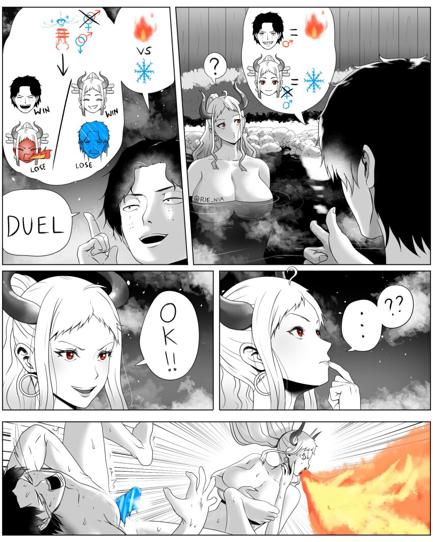 1boy 1girl breasts breath_weapon breathing_fire comic duel fire highres horns huge_breasts ice implied_fellatio kmvt mixed-sex_bathing one_piece portgas_d._ace shared_bathing yamato_(one_piece)