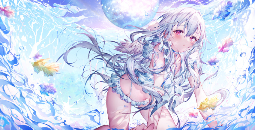1girl all_fours angel_wings animal bare_arms bare_shoulders blue_choker choker crop_top feathered_wings fish floating_hair freediving halo highleg highres komeshiro_kasu long_hair looking_at_viewer microskirt midriff navel neckerchief original parted_lips red_eyes sailor_collar seal shirt skirt sleeveless sleeveless_shirt solo stomach sunlight thighs underwater very_long_hair water white_hair white_shirt white_skirt wings