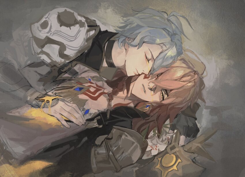 2boys antenna_hair armor black_choker black_coat black_shirt blonde_hair braid chest_tattoo choker closed_eyes coat earrings facial_tattoo gold_earrings gold_necklace gradient_hair highres honkai:_star_rail honkai_(series) jewelry kiss kissing_cheek male_focus medium_hair multicolored_hair multiple_boys mydei_(honkai:_star_rail) neck_tattoo necklace open_clothes open_coat parted_bangs pauldrons phainon_(honkai:_star_rail) red_hair red_tattoo shirt short_hair shoulder_armor side_braid single_pauldron tattoo white_coat white_hair yaoi yellow_blood yellow_eyes yorze_wu