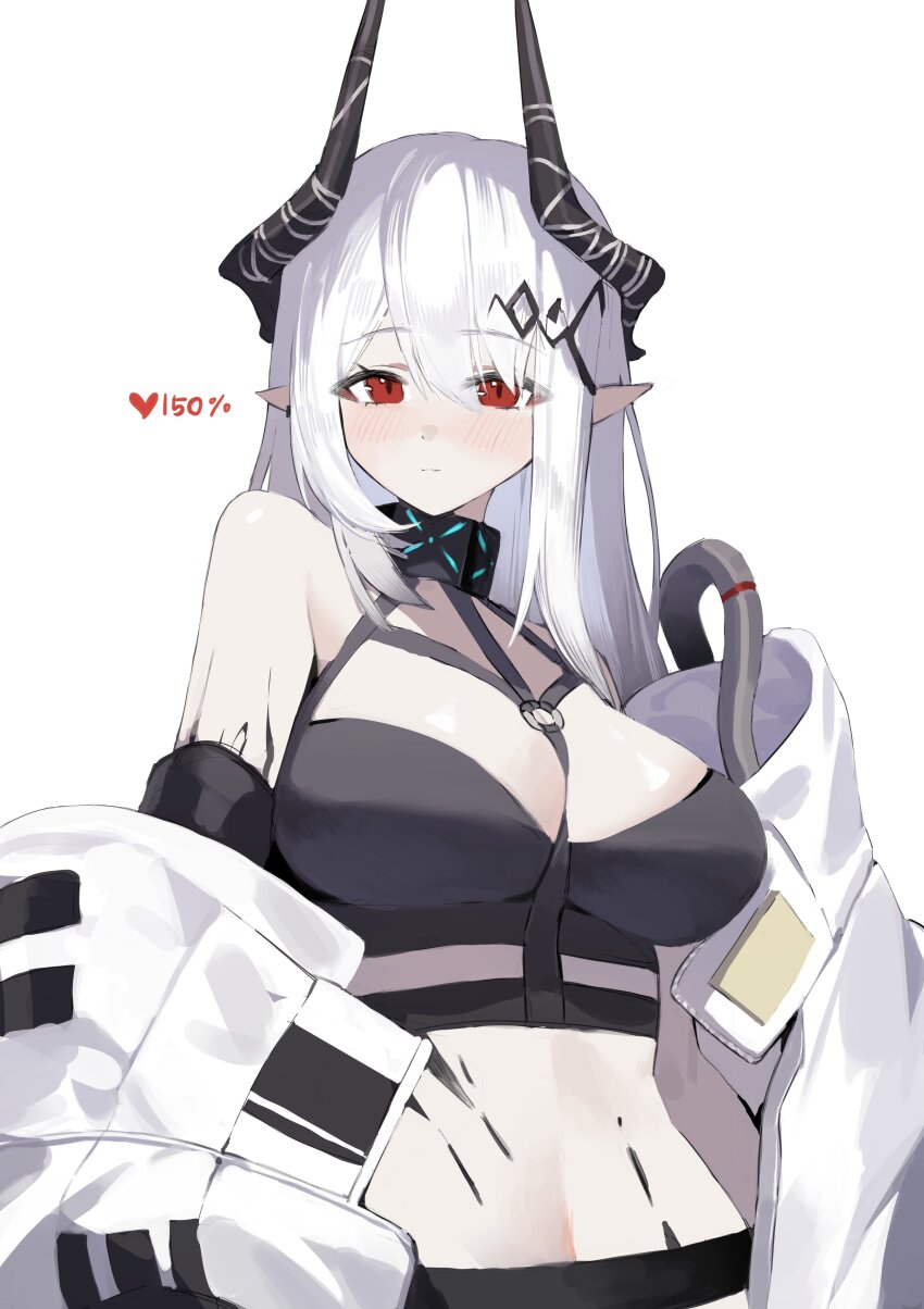 1girl absurdres arknights black_sports_bra blush commentary demon_horns hair_ornament harness heart highres horns impossible_clothes infection_monitor_(arknights) jumpsuit long_hair looking_at_viewer material_growth mudrock_(arknights) mudrock_(elite_ii)_(arknights) oripathy_lesion_(arknights) pointy_ears red_eyes seizou_hidzuke simple_background solo sports_bra unzipped white_background white_hair white_jumpsuit