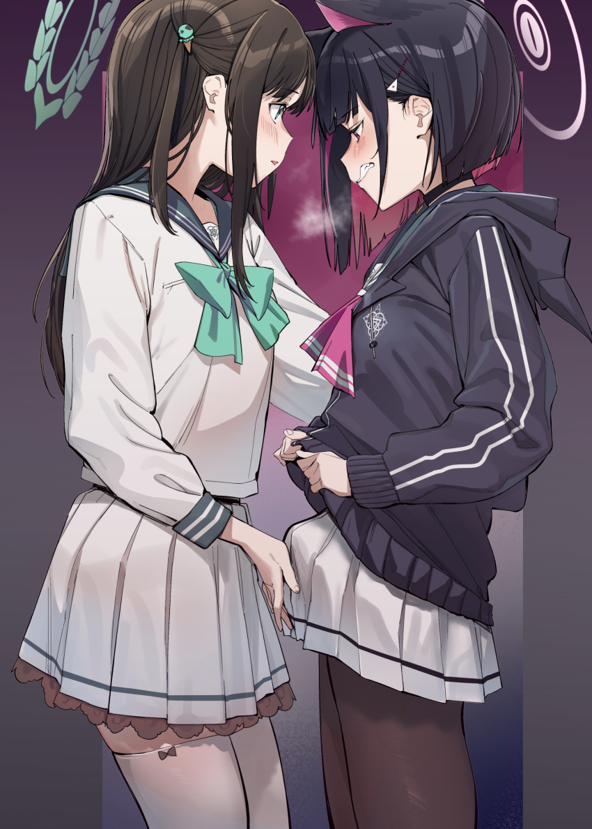 1futa 1girl airi_(blue_archive) animal_ears black_hair black_jacket blue_archive brown_pantyhose bulge cat_ears clenched_teeth colored_inner_hair commentary_request cover erection erection_under_clothes from_side futa_with_female futanari green_eyes green_halo halo highres hood hood_down hooded_jacket jacket kazusa_(blue_archive) long_hair long_sleeves looking_at_another multicolored_hair pantyhose pink_hair pink_halo pleated_skirt shirt skirt teeth thighhighs uno_ryoku white_shirt white_skirt white_thighhighs